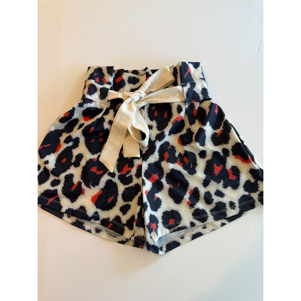 Swingdish Leopard Print Paperbag Waist Golf Shorts Navy Red Cream XS